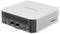 Un mini-PC compact et rectangulaire de Geekom doté de plusieurs ports à l'arrière. Principalement conçu en blanc et noir.