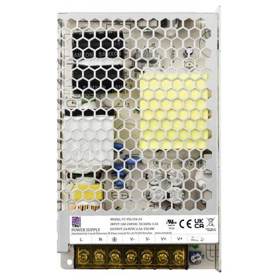 Boîtier métallique avec grille de ventilation d'une alimentation électrique. Connexions de câbles et marquages techniques visibles sur le façade.