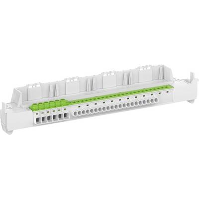 Une borne de raccordement électrique blanche et verte à plusieurs points de connexion, avec des ouvertures cylindriques et un design rectangulaire.