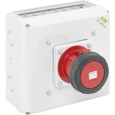 Sur l'image, on peut voir un boîtier électrique blanc avec une grande prise triphasée rouge, sur laquelle est apposée une étiquette de certification CE.
