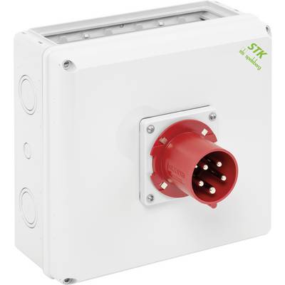 Une prise industrielle blanche avec un embout rond rouge multipolaire, montée sur un boîtier rectangulaire.