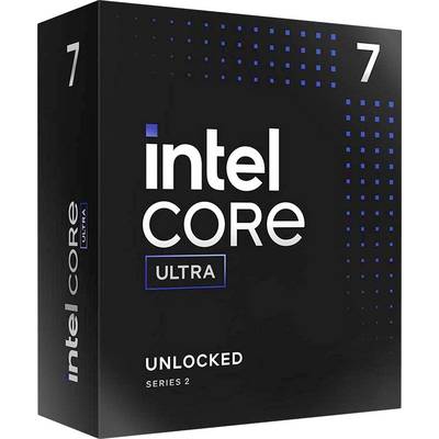 Boîte noire d'un processeur Intel Core Ultra, série 2, avec écriture blanche et bleue, indiquant "UNLOCKED", "Intel Core Ultra".