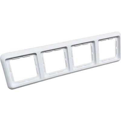 Cadre rectangulaire blanc quadruple pour prises de courant ou interrupteurs, en plastique, avec coins arrondis.