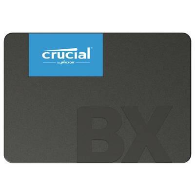 'Crucial BX SSD de Micron' en texte blanc sur fond noir. En haut, une zone bleue avec le logo Crucial.