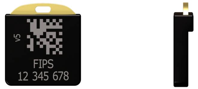 Deux puces électroniques noires, vue de face et de côté. La puce de gauche affiche 'v5', 'FIPS', et '12 345 678' avec un code QR.