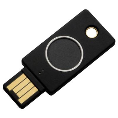 Clé de sécurité USB noire avec contacts dorés, utilisée pour l'authentification à deux facteurs afin d'améliorer la sécurité.