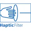 Une main traverse des lignes fermées symbolisant la technologie haptique. En dessous est inscrit 'Haptic Filter'.