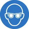 'Lunettes obligatoires' Symbole : Une représentation stylisée d'une tête portant des lunettes sur un fond bleu, indiquant des mesures de protection.