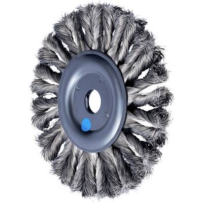 Brosse métallique à fil d'acier avec poils ondulés, adaptée pour nettoyer et décaper les surfaces métalliques.