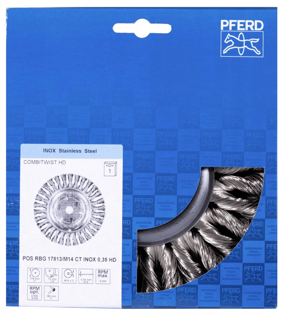 Brosse combinée PFERD en acier inoxydable pour perceuses, modèle COMBITWIST HD, POS RBG 17813/M14 CT INOX 0,35 HD dans un emballage bleu.