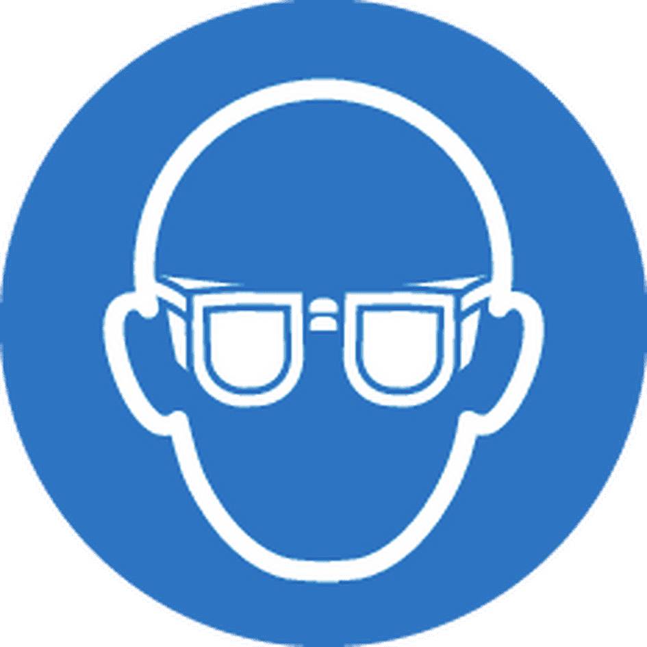 Symbole sur fond bleu représentant une personne stylisée portant des lunettes de protection, couramment utilisé pour indiquer le port obligatoire de protection oculaire dans les zones de travail.
