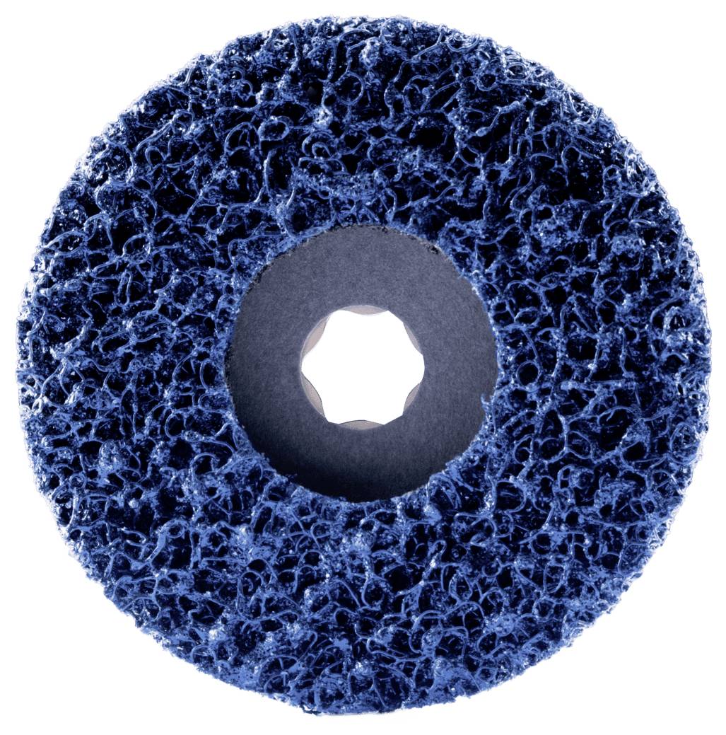 Un disque abrasif bleu à structure ouverte et de forme circulaire, utilisé pour le traitement de surfaces.