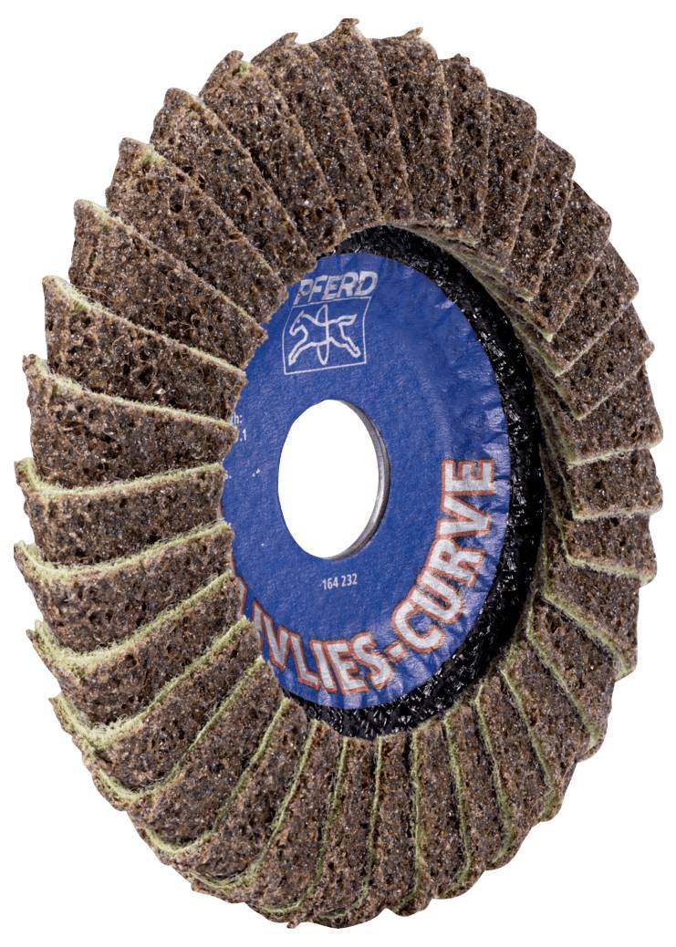 Disque abrasif avec marquage bleu 'PFERD Vlies-curve'. Utilisé pour le ponçage et le polissage de divers matériaux.