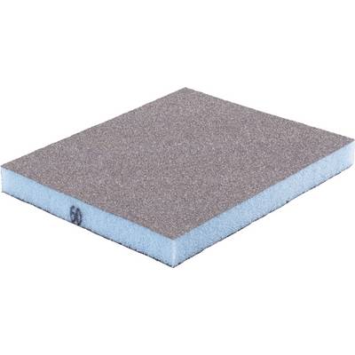 Une éponge abrasive carrée avec une surface de ponçage brune et un support en mousse bleue.