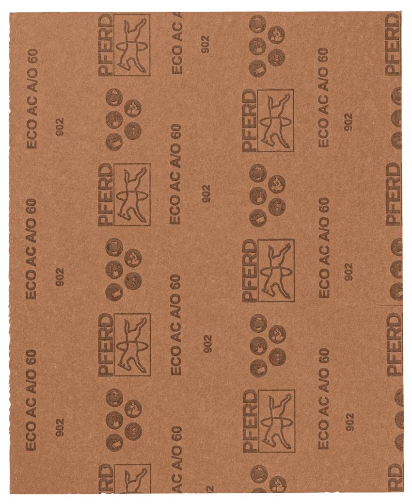 Papier de verre orange avec inscription noire : 'PFERD', 'ECO AC A0 60', adapté pour le ponçage de surfaces.