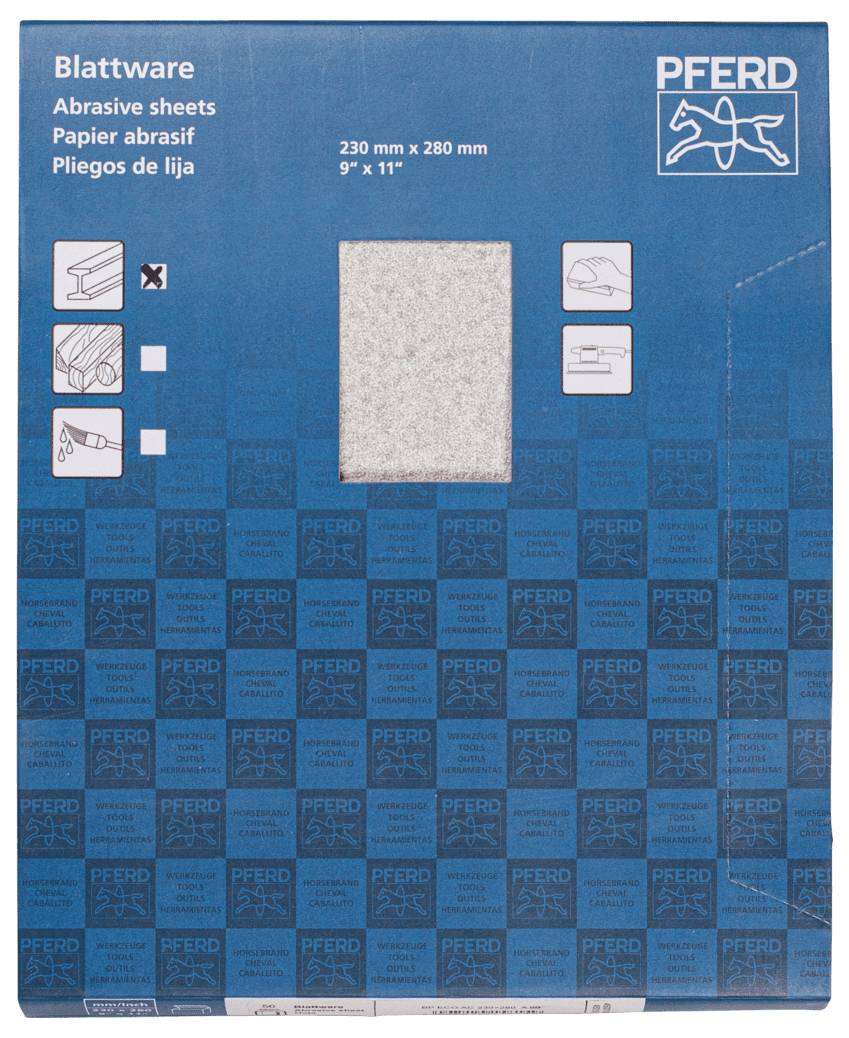 Emballage de feuilles abrasives 'PFERD Blattware', dimensions 230 mm x 280 mm. Contient des illustrations montrant l'utilisation du papier abrasif.