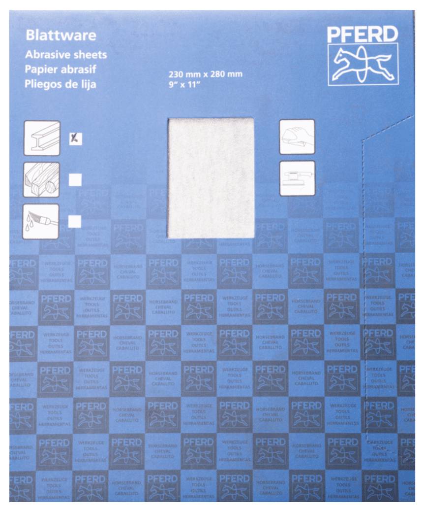 Boîte en carton bleu avec un rectangle blanc pour la présentation de papier abrasif. Illustration en quatre langues : « Feuilles abrasives » et dimensions 230 x 280 mm.