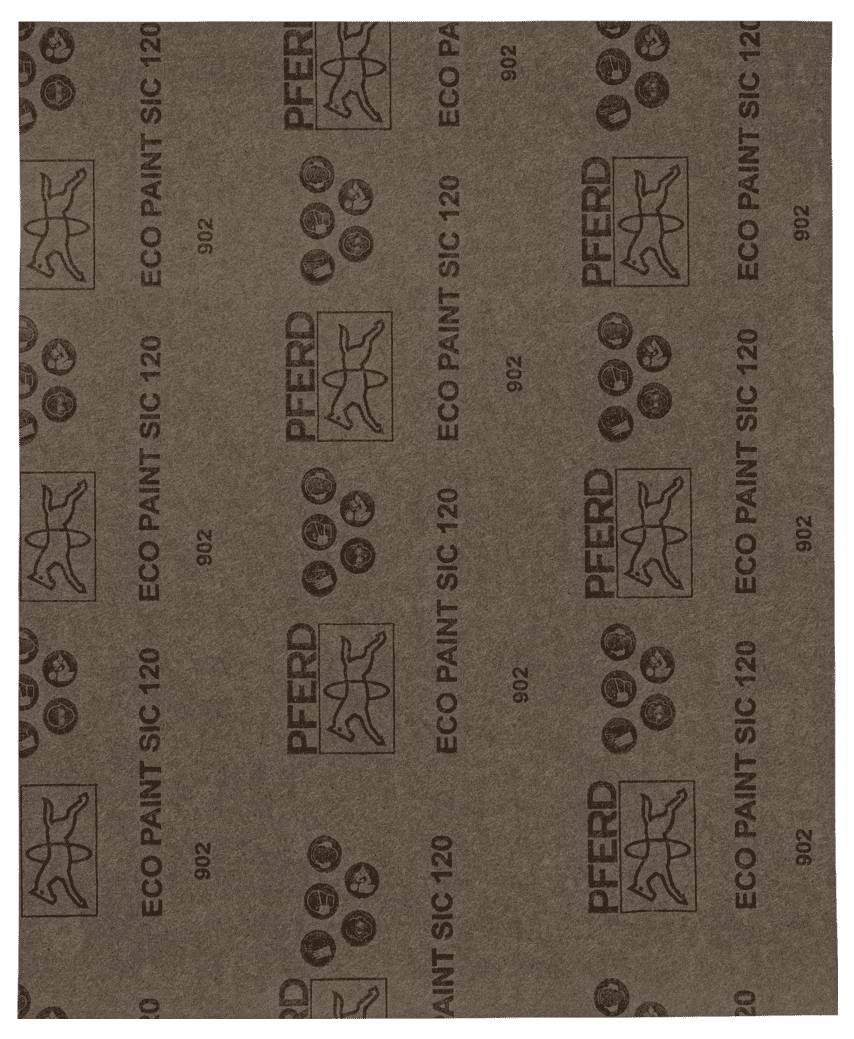 Un papier de verre brun portant l'inscription 'Cheval ECO PAINT SIC 120'. Utilisé pour poncer des surfaces.