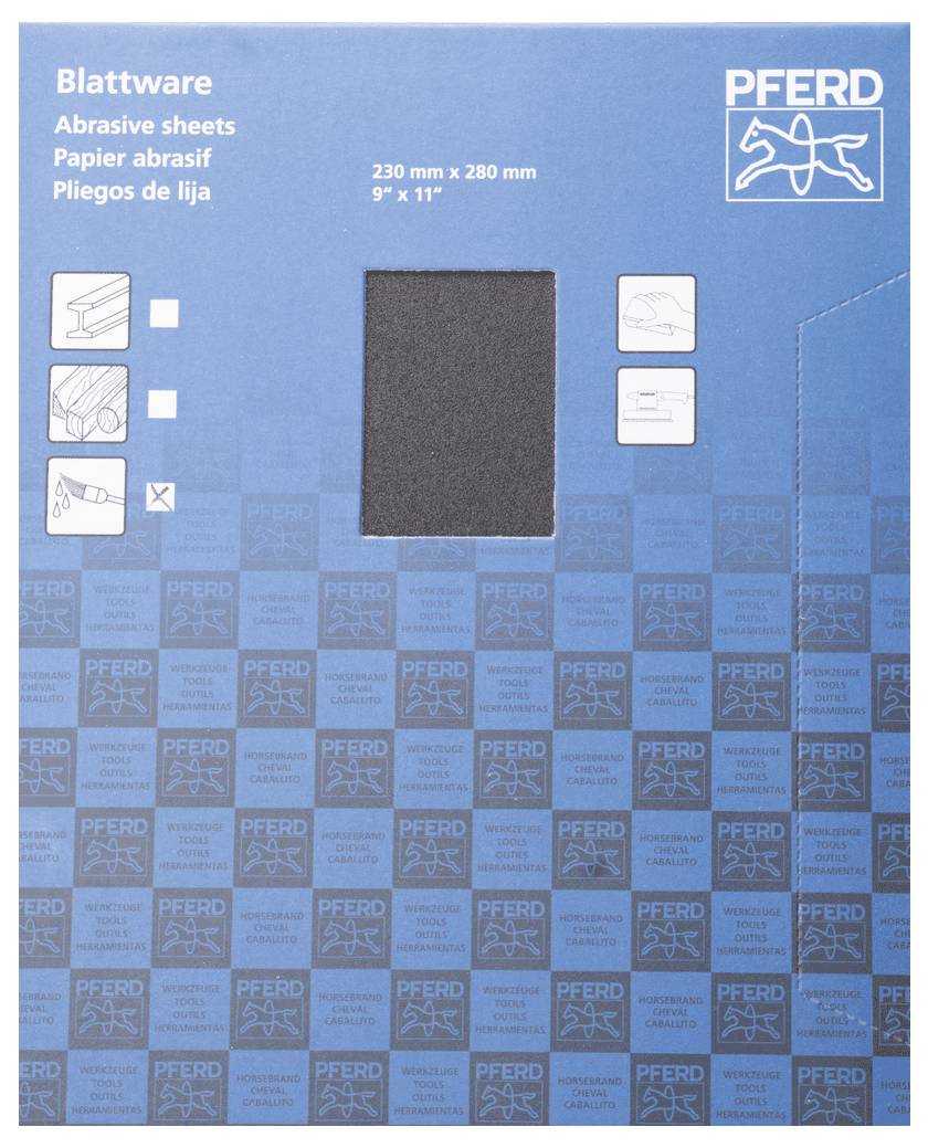 Papier de verre PFERD Blattware, 230 mm x 280 mm, design d'emballage bleu, illustrant les applications : ponçage, travail manuel et finition de surface.