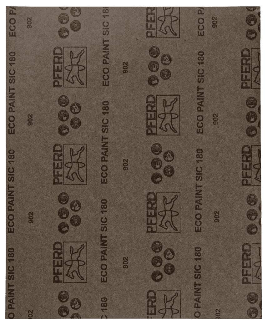 Papier de verre 'PFERD ECO PAINT SIC 180' en matériau brun, motif uniforme avec des logos et des inscriptions de produit.