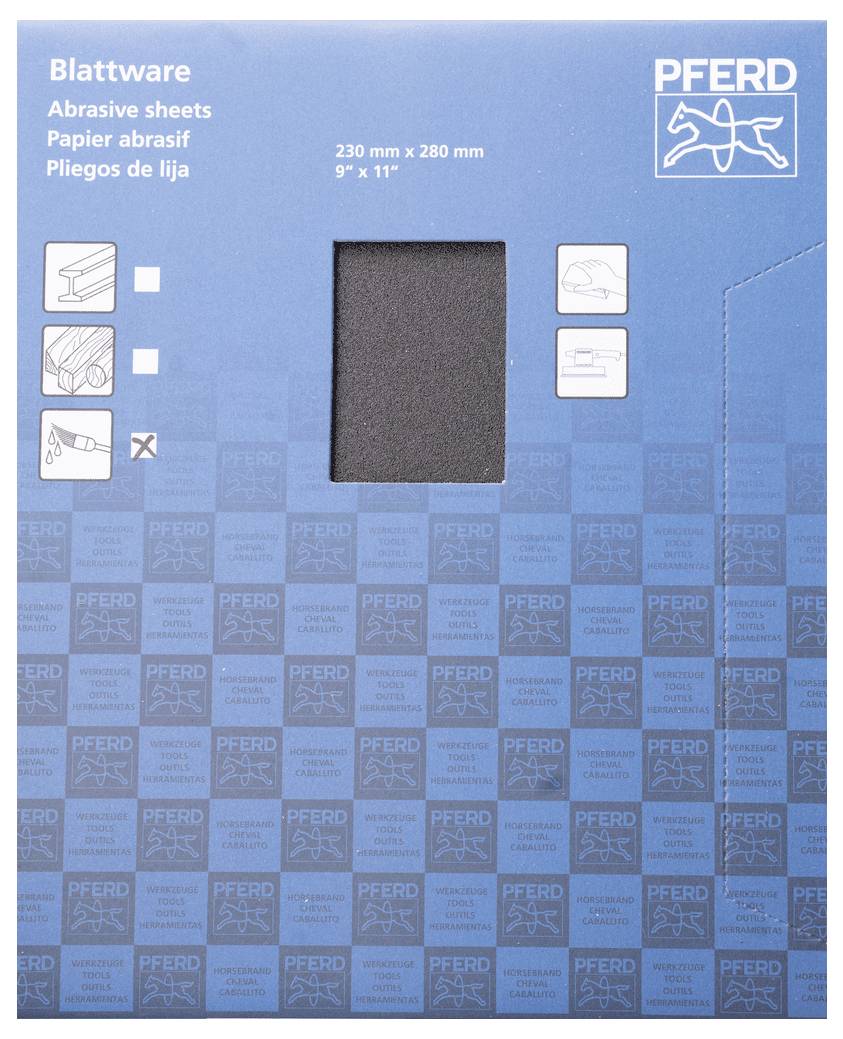 Emballage de feuilles abrasives 'PFERD', design bleu foncé avec logo blanc d'un cheval. Dimensions : 230 mm x 280 mm. Textes en quatre langues.