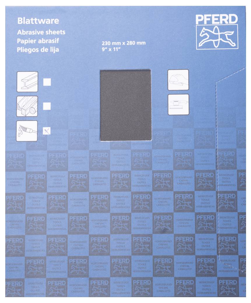 'Feuilles abrasives, papier de verre, 230 mm x 280 mm, 9" x 11", marque PFERD, emballage bleu avec symboles et logos blancs.'