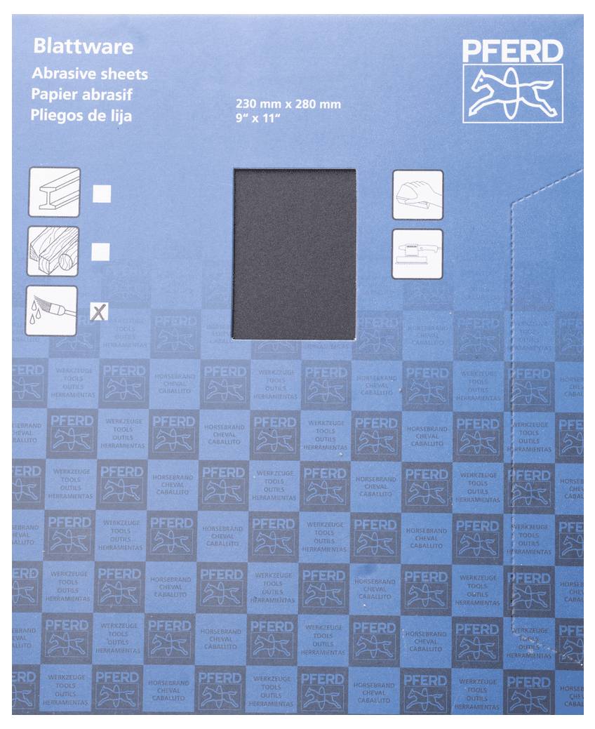 Emballage bleu de papier abrasif de la marque PFERD, dimensions 230 mm x 280 mm, illustration d'applications de ponçage sur la face avant.
