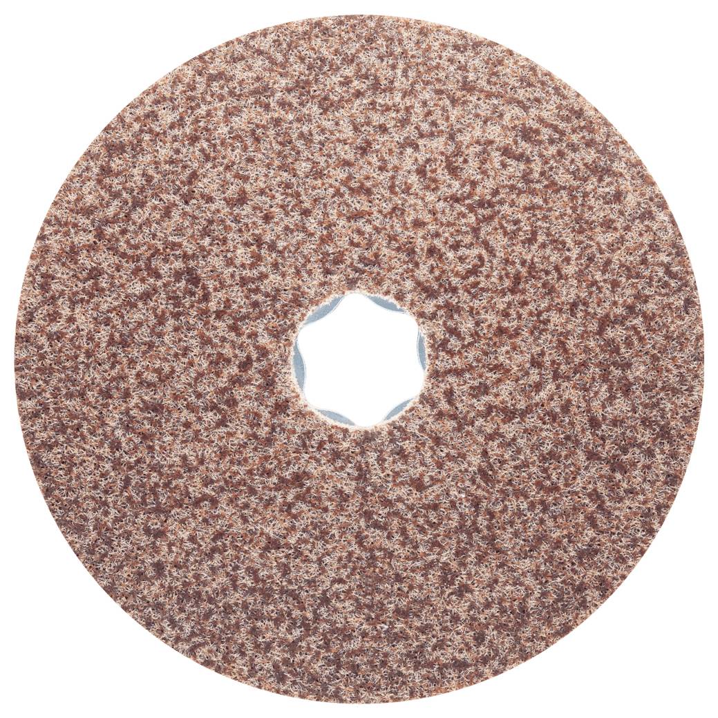 Disque de meulage en matériau abrasif brun, avec un trou central pour la fixation sur une machine à meuler, destiné à la finition de surfaces lisses.