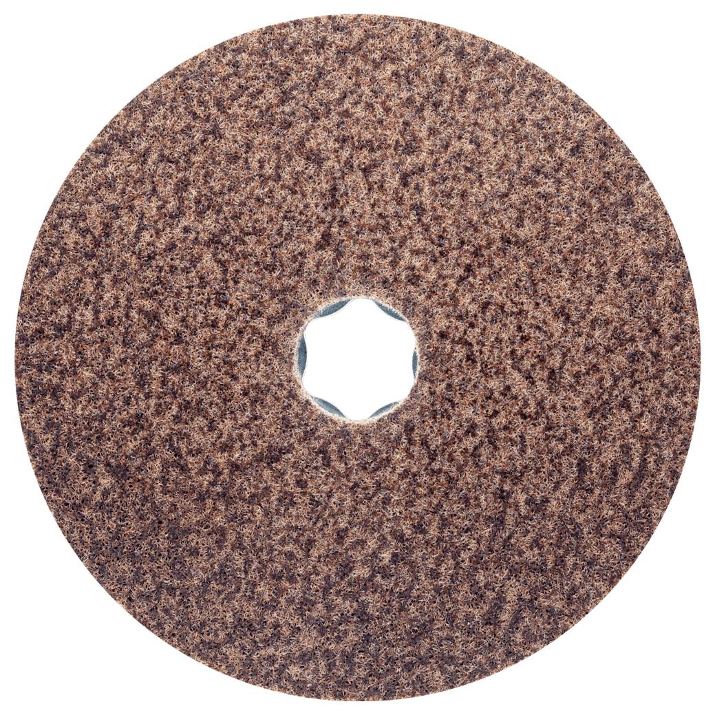 Un disque abrasif rond, de couleur brune, avec un trou dentelé au centre, utilisé pour l'enlèvement de matière lors de l'usinage du métal ou du bois.