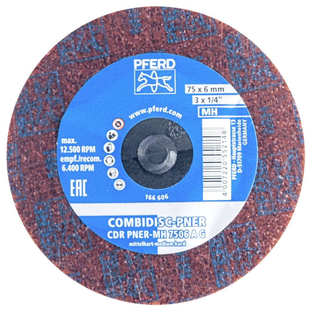 Disque abrasif PFERD, modèle COMBIDISC-PNER, rond, diamètre de 75 mm, épaisseur de 6 mm, vitesse maximale de 12 500 tr/min, de dureté moyenne.
