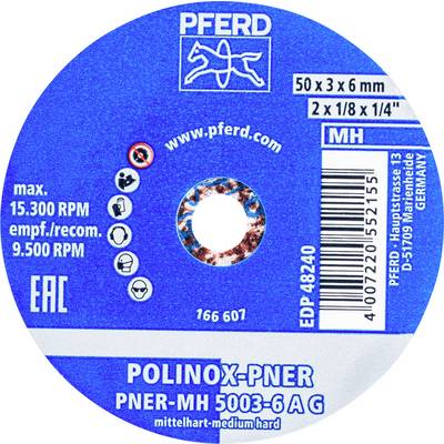 'Meule pour max. 15 300 tr/min, 50 x 3 x 6 mm. Marque : Pferd, Type : Polinox-PNER, mi-dure. Fabriqué en Allemagne.'