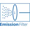 Logo 'Filtre d'Émission'. Un filtre bloque les points venant de la gauche pour laisser passer de l'air pur vers la droite.