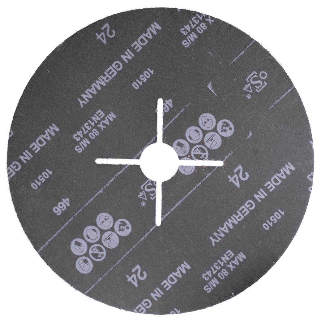 Disque de papier abrasif portant l'inscription 'Made in Germany', grain 24, vitesse maximale 80 m/s ; affiche les symboles de sécurité d'utilisation.