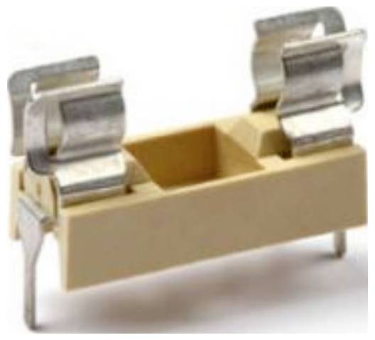 Support de fusible en plastique avec deux contacts métalliques, adapté au montage de fusibles sur un circuit imprimé dans des appareils électroniques.