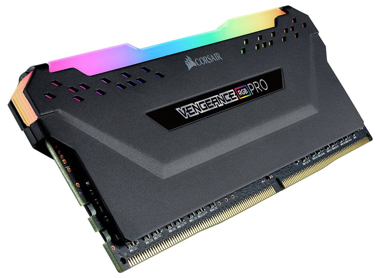 Module de RAM avec éclairage RVB, Corsair Vengeance RGB Pro, design noir, adapté aux ordinateurs de bureau, couleurs lumineuses sur le dessus.