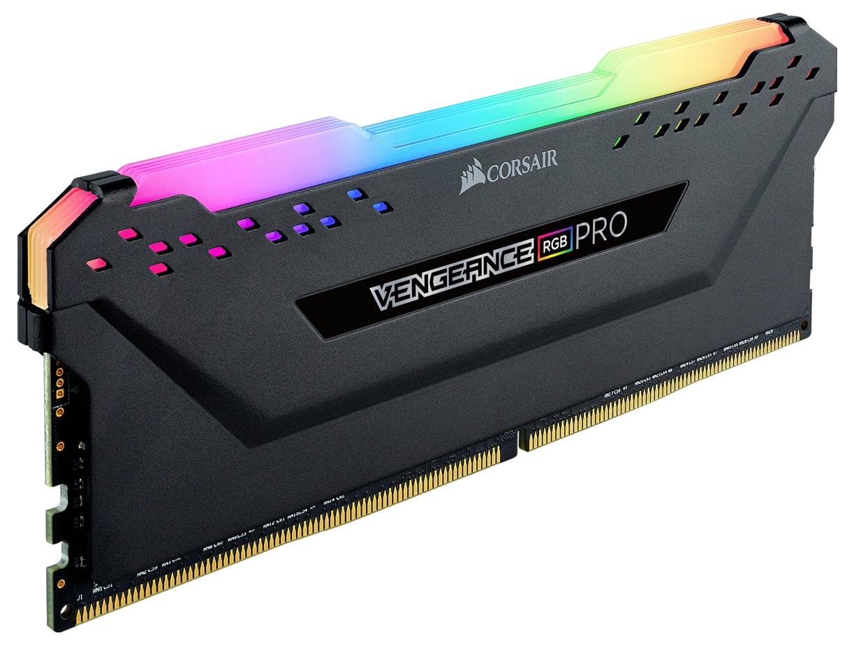 Module de RAM Corsair avec bande RGB éclairée, modèle 'Vengeance RGB Pro'. Adapté aux applications informatiques hautes performances.