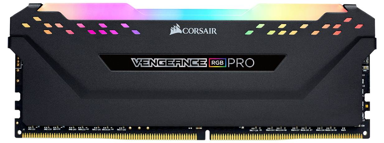 Module de mémoire RAM Corsair Vengeance RGB Pro avec boîtier noir et LED RVB lumineuses sur le dessus.