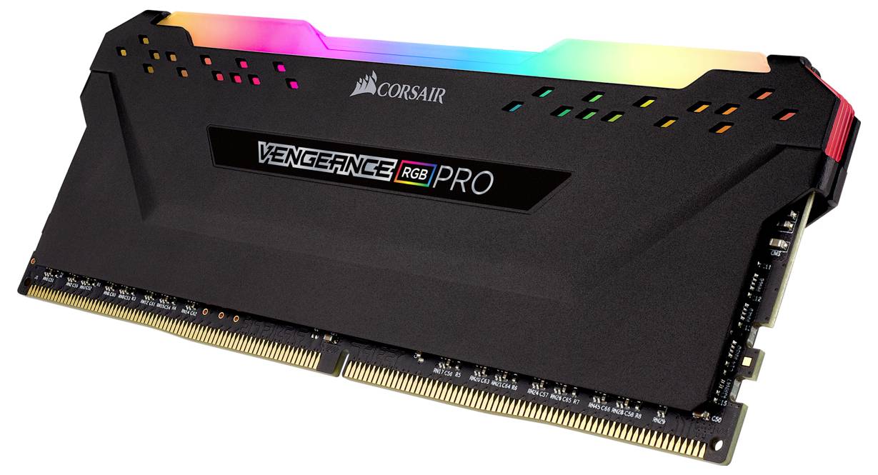 Un module de RAM Corsair Vengeance RGB PRO avec éclairage LED coloré, boîtier noir et barrette de contacts dorée.