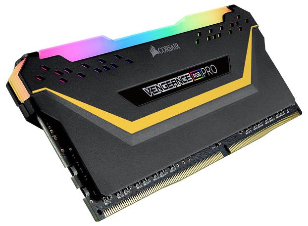 Module de RAM 'Corsair Vengeance RGB Pro' avec des LED RVB sur le dessus. Design en noir et jaune.