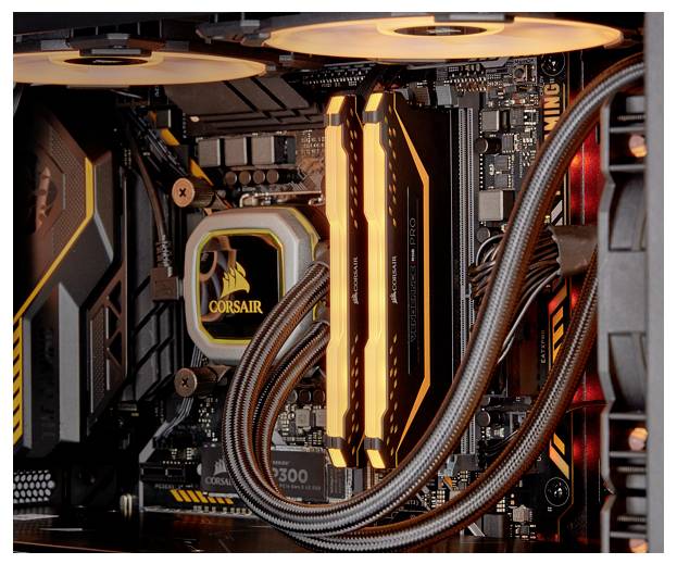 Intérieur d'un boîtier d'ordinateur avec radiateur éclairé et câbles. Focus principal sur le radiateur avec logo de marque.