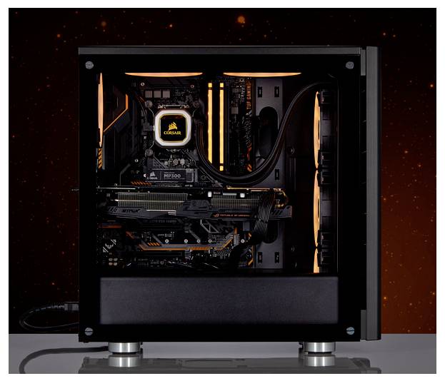 'PC Gaming en noir avec composants rétroéclairés et fenêtre transparente. Vue intérieure montrant la carte graphique, le processeur et l'éclairage LED.'