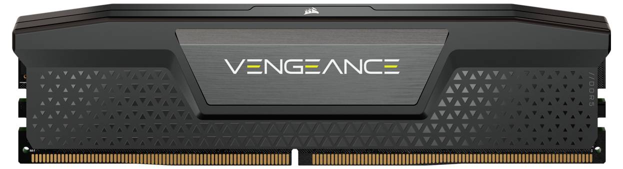 Module RAM avec l'inscription 'Vengeance' sur un fond noir. Contient des contacts dorés en bas et présente un design moderne et géométrique.