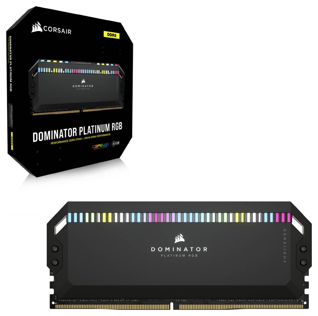 Module de RAM DDR5 'Dominator Platinum RGB' de Corsair, sur fond noir, avec des effets d'éclairage RVB en haut, dans son emballage.