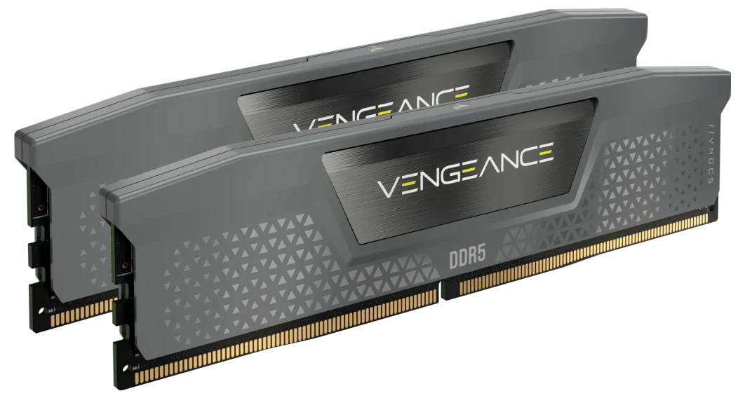 Deux modules de RAM DDR5 Vengeance gris, adaptés aux PC hautes performances et gaming.