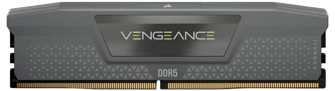Module de RAM Corsair Vengeance DDR5, gris, au design élégant et avec des touches jaunes.