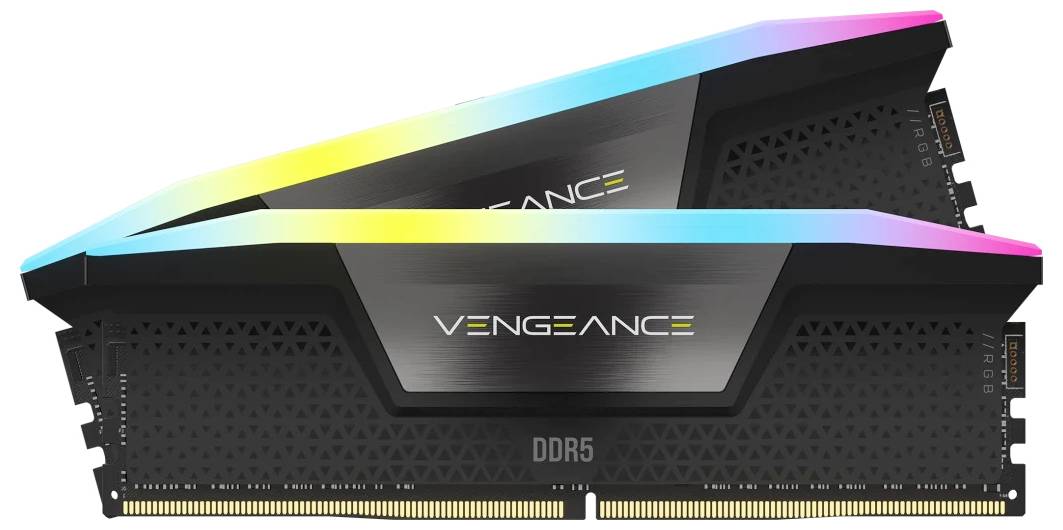 Deux modules de RAM DDR5 avec éclairage RVB de Corsair, modèle 'Vengeance', sont superposés.