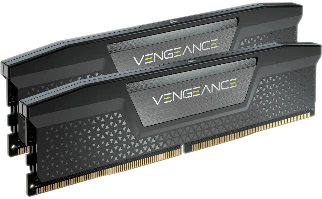 Deux modules de RAM de la marque 'Vengeance' en noir et argent. Ils sont adaptés pour l'installation dans des ordinateurs afin d'augmenter la mémoire.