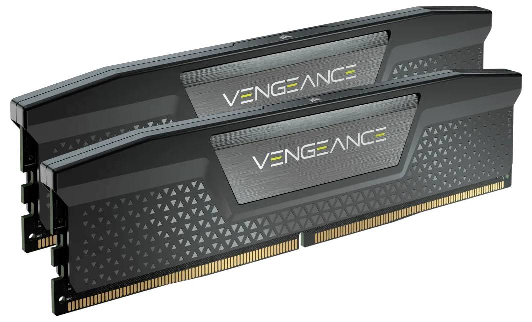 Deux modules de RAM Vengeance noirs avec dissipateurs thermiques, améliorant les performances des ordinateurs.