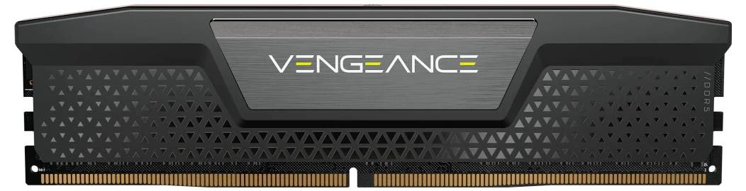 Un barreau de RAM Corsair Vengeance noir au design géométrique moderne, portant l'inscription 'VENGEANCE' au centre.