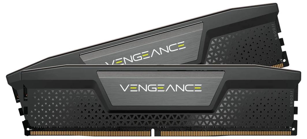 Deux modules RAM noirs 'Vengeance' au design géométrique unique et aux contacts dorés.